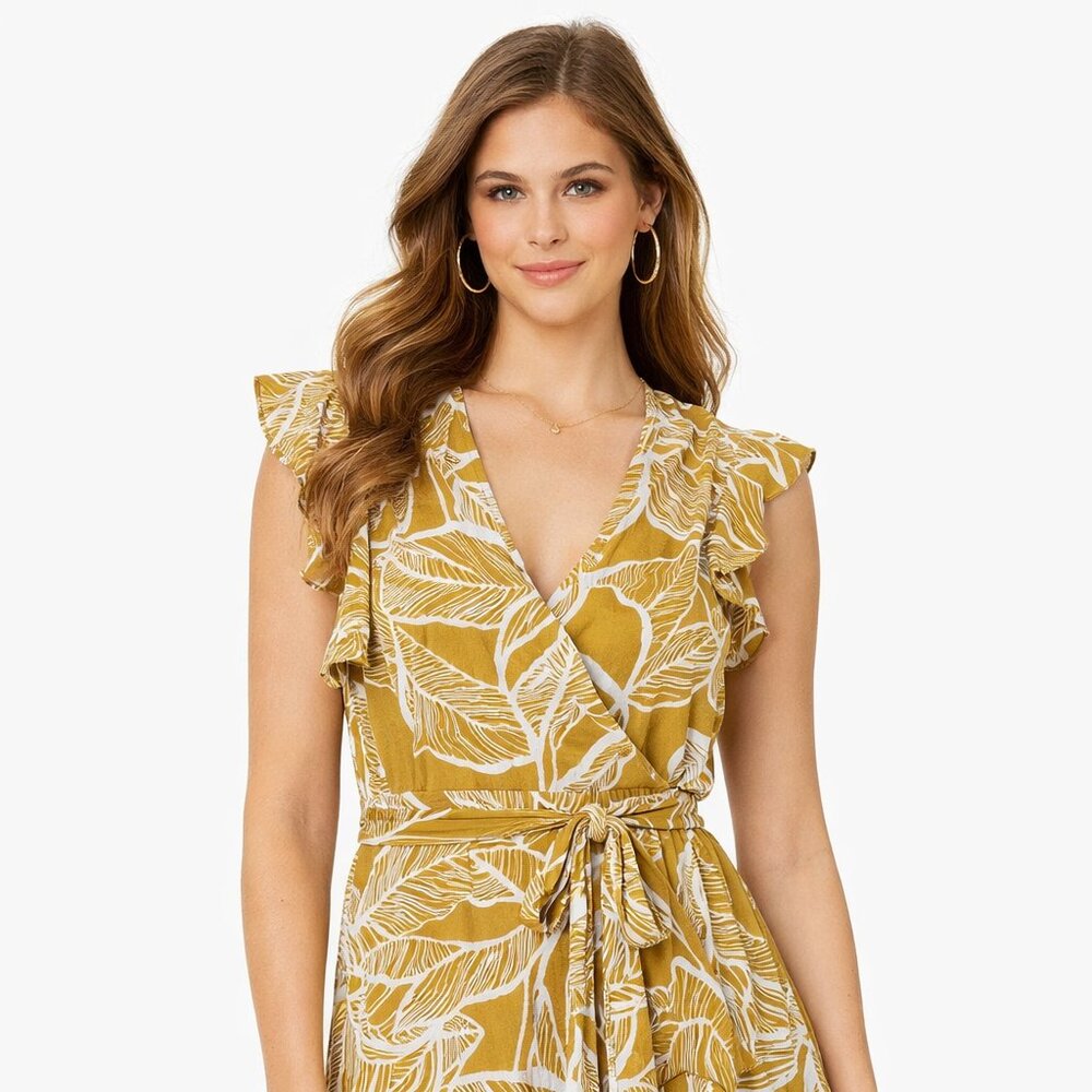 Yellow Leaf Print Wrap Dress